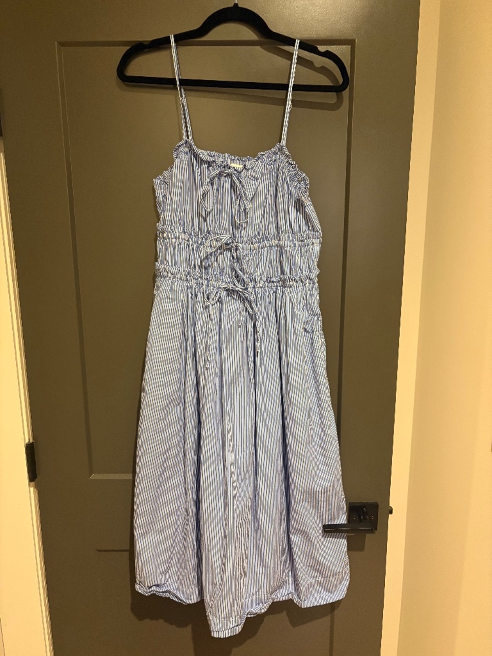 Blue and white striped midi sun dress